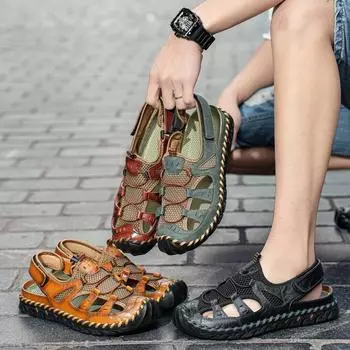 Сшитые вручную мужские пляжные туфли на плоской подошве, новые модные мужские сандалии, летние туфли на открытом воздухе для отдыха, полые туфли, дышащая обувь из мягкой сетки 38 темно-коричневого