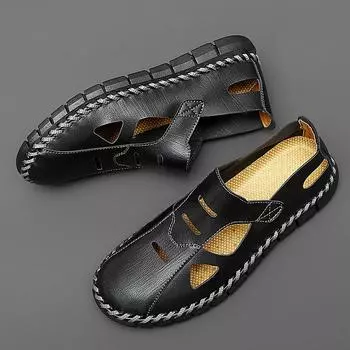 Сшитые вручную мужские повседневные туфли Новые летние мужские сандалии Универсальные мужские кожаные туфли на плоской подошве Модные ажурные туфли Дышащие кроссовки 38 чёрный