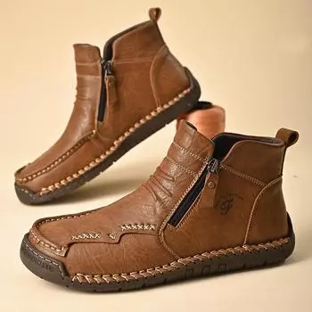 Сшитые вручную высокие ботинки для активного отдыха, мужские кроссовки, модная мужская повседневная обувь, роскошные брендовые мужские хлопковые туфли со средней высотой и боковой молнией 38 светло-коричневого