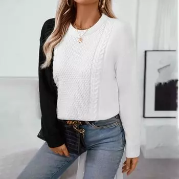 Сшитый контрастный цветной свитер с круглым вырезом, осенне-зимний ретро-свитер свободного кроя, свитер-свитер для женщин S коричневый