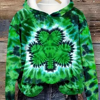 улица. Амулет ко Дню Святого Патрика: Удобная и шикарная толстовка с капюшоном с принтом клевера – повседневная, легкая в уходе трикотажная ткань с длинными рукавами S