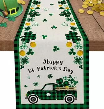 St. Patrick s Day Clover Truck Green Plaid Linen Table Runner Party Decor Lucky Shamrocks Gold Coin Table Runners Table Decor 150x33cm 59x13inch