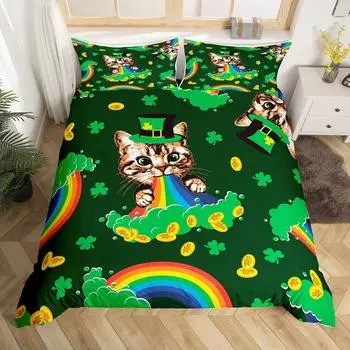 улица. Пододеяльник ко Дню Святого Патрика Милые кошки Радуга Постельное белье Ретро Счастливый клевер Полиэстер Пододеяльник Милые животные Покрывало 70x133cm 2pcs