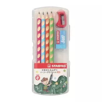 STABILO Карандаши для обучения рисованию Easy Graph, стартовый набор 2B, 4 цвета, 1 шт., для правой руки, треугольное удержание, коррекция имени, включено для детей