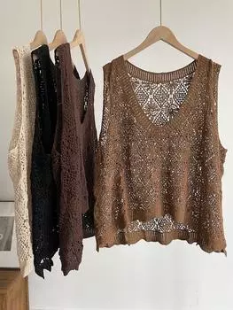 Stack Out The Surprise Хлопковая нить Полый жилет Женский V-образный вырез Трикотажный жилет Универсальный литературный тонкий летний жилет Жилет One size