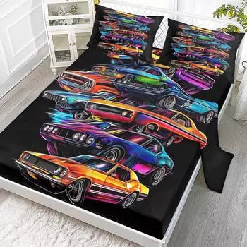 Stacked Car 4-Piece Bed Sheet Set, Including 1 Flat Sheet, 1 California King Flat Sheet, 2 Pillowcases (Cool, Holiday Gift) 99cmx199cm
