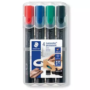 Staedtler Lumocolor Перманентные маркеры с широким скошенным наконечником 350 WP4, 4 цвета, Заправляемые, (Красный, Синий, Зеленый, Черный)