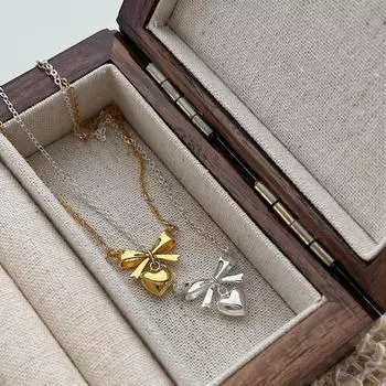 Stainless Love Heart Necklace Silver Heart Pendant Necklace Bow Collarbone Necklace Decoration серебряный