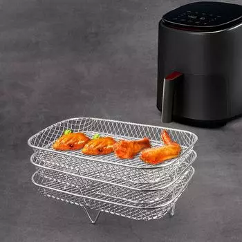 Stainless Steel Air Fryer Rack Grilling Rack Air Fryer Oven Grill Steamer 3 Layers Mesh Grill Basket Stackable for Home Kitchen серебряный