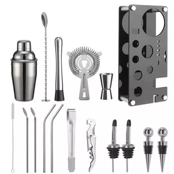 Stainless Steel Bartender Cocktail Bartending Tool 17 Pieces Acrylic Set Straw Spoon Snow Cup