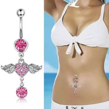 Кольцо для пупка из нержавеющей стали с розовым кубическим цирконием в форме сердца и бабочек розовый