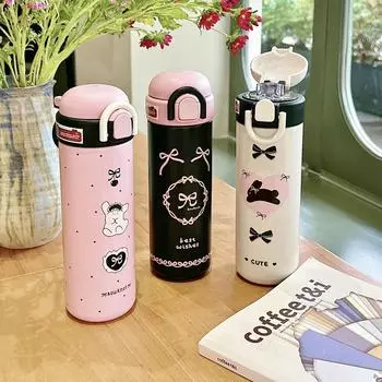 Stainless Steel Black Pink Thermos Bottle Bounce Lid Thermos Cup Cute Thermal Water Bottle Student Style A