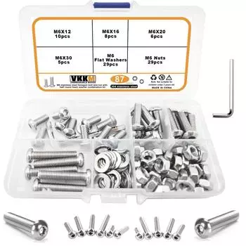 Stainless Steel Button-Head Hex Socket Screw, 87Pcs M6 Hex Socket Drive Screw Nut Washer Combination Kit, Plain, Full Thread