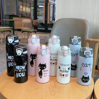 Stainless Steel Cartoon Cat Thermal Water Bottle Straw Design Insulated Tumbler Thermos Cup Travel 500ml серый