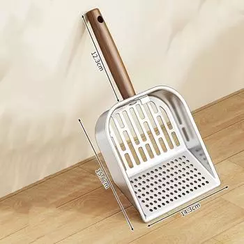 Stainless Steel Cat Litter Scoop Long Wooden Handle Pet Waste Shovel Cleaning Tool Long Handled Hollow Shovel Cats Supplies