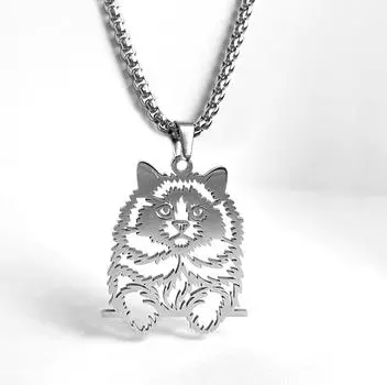 Stainless steel cat pendant necklace, cloth doll cat cute pendant серебряный серый