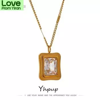 Stainless Steel Cubic Zirconia Necklace Stylish Square Pendant Collar Necklace Accessories