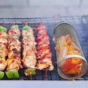 Stainless Steel Cylinder Barbecue Rolling Grilling Basket Rack Cooking Grill Grate Outdoor Round BBQ Grid Travel Camping Picnic
