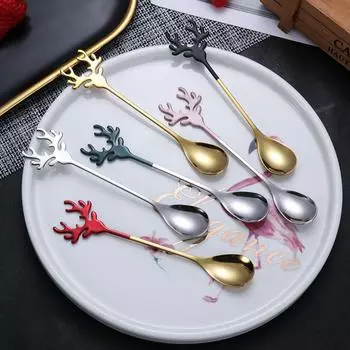 Stainless Steel Deer Head Shape Stirring Spoon Romantic Coffee Dessert Christmas Elk Exquisite Tableware