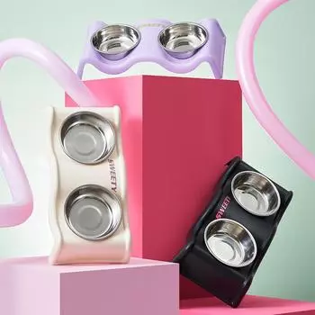 Stainless Steel Double Dog Bowl Non-slip and Anti-toppling Pet Bowl Wavy Neck Protection Cat Bowl Large Capacity Dog Bowl 35*17*7cm