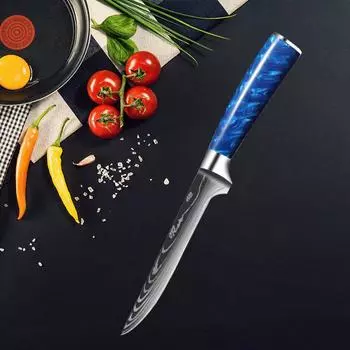 Нож для фруктов из нержавеющей стали 7CR17 с синей резиновой ручкой, 8 дюймов, кухонные ножи шеф-повара, имитация дамаска, острый японский нож, нож для разделки мяса 1PC синий