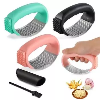 Набор из нержавеющей стали для чеснокодавилки с защитой для пальцев, щеткой для легкой очистки, удобной ручкой для чеснока зелёный