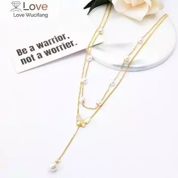 Stainless Steel Gold Color Butterfly Preal Necklaces For Women Double Layer Choker Fashion Gift Jewelry