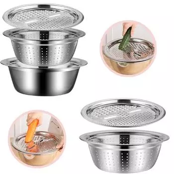 Stainless Steel Grater Plate with Drain Basket Basin Set Kitchen Multipurpose Grater Tools Vegetable Cutter Salad Maker Bowl
