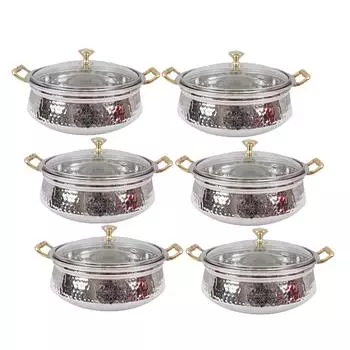 Stainless Steel Hammered Design Handi/Bowl/Casserole with Toughened Glass Lid & Brass Knob & Handles, Volume-400 ml, Pack of 6