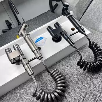 Stainless steel Handheld Toilet Sprayer Bidet Faucet Shower Head Hygienic Shower Toilet Faucets Double Outlet Bidet серый