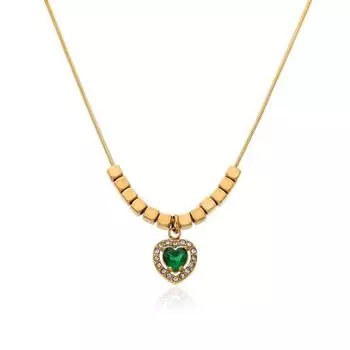Stainless Steel Heart Green Zircon Pendant Necklace Geometric Colorful Crystals Chain Luxury Jewelry Gifts for Women 45cm