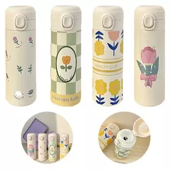 Stainless Steel Insulated Cup Cute Cartoon Flowers Korean Version Tulip Thermos Cup with Lid Portable Simple Water Drink Bottle