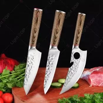 Stainless Steel Kitchen Knife Set Hammered Forged Boning Knife Wooden Handle Multi-functional Knife Bottle Opener Utility Knives