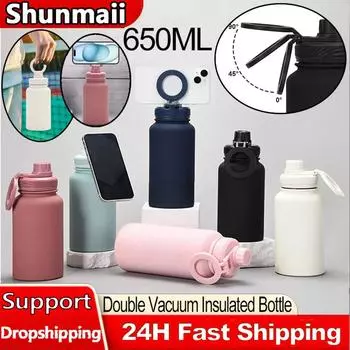 Stainless Steel Leak Proof Insulated Bottle with Rotating Phone Holder Double Vacuum Insulated Bottle for Outdoor Sports 650ml темно-синий