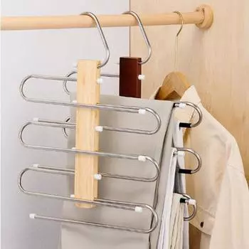 Stainless Steel Multi Tier Pant Hangers S-Shaped Trouser Rack Pants Storage Rack for Home Wood-Style C