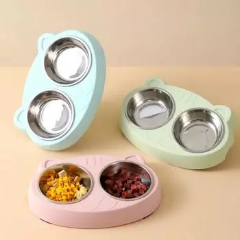 Stainless Steel Pet Double Bowl Kitten Dog Food Drinking Tray Feeder Cat Feeding Pet Supplies Cat Puppy Feeding Supplies 26.5x17cm зелёный