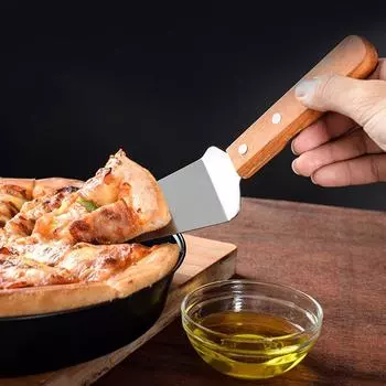 Stainless Steel Pizza Shovel Cake Salad Scraper Butter Cheese Ice Cream Dessert Cutter Pizza Slicer Wooden Handle Kitchen Tools