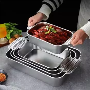 Stainless Steel Rectangular Baking Pan with Handle Seafood Tray Durable Grilled Fish Tray Oven 37x22x8cm