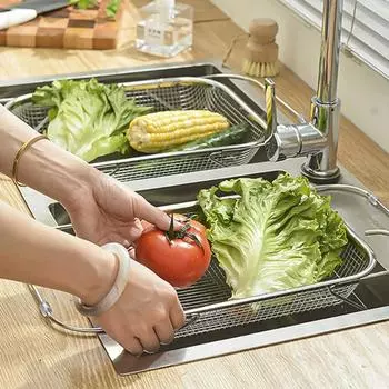 Stainless Steel Retractable Drain Basket Kitchen Basket Vegetable Washing Drain Basin Household Living Room Fruit Bowl S