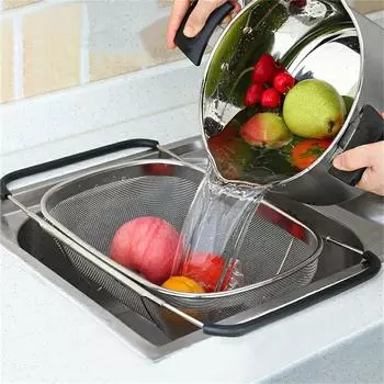 Stainless Steel Retractable Drain Basket Rubber Grip Handles Oval Colander Sink Vegetables Draining Rack Home Storage Basket S серый