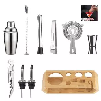 Stainless Steel Rhombus Bamboo Frame Shaker Set Bar Shaker Set 10-Piece Cocktail Shaker Set