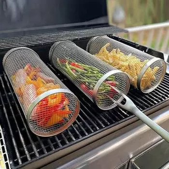 Stainless steel rolling barbecue cage, barbecue drum, barbecue net for outdoor camping, kitchen accessories