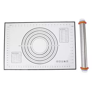 Stainless Steel Rolling Pin Silicone Mat Set Adjustable Convenient Scale Versatile Rolling Pin Black Silicone Mat