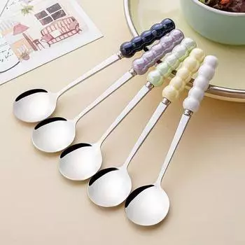 Stainless Steel Round Head Dessert Spoon Light Luxury Pearl Ceramic Handle Coffee Stirring Spoon For Bar Kitchen Dinner Gadgets темно-синий