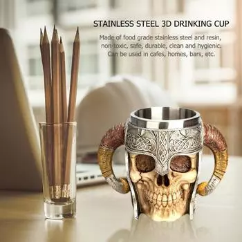 Stainless Steel Skull Mug Viking Drinking Cup Skeleton Resin Beer Stein Tankard Coffee Mug Tea Cup Halloween Gift Bar Drinkware 600ml