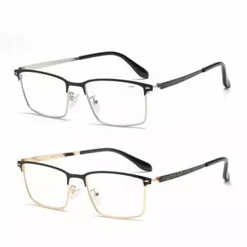 Stainless Steel Square Frame Reading Glasses with Leather Accents, Anti-Blue Light, Laser Dot & Flower Craft Design. +350