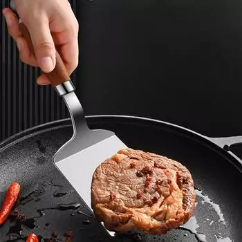 Stainless Steel Square Head Steak Cooking Spatula Wood Handle Pizza Shovel Pancake Beef Turner Scraper BBQ Utensils For Kitchen