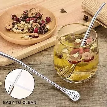 Stainless Steel Straw Spoon And Cleaning Brush Drinking Spoon Straws With Filter Metal Stirrer For Coffee Loose Tea Cocktail