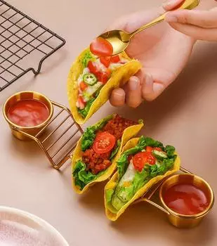 Stainless Steel Taco Holder Set Taco Shell Holder Stand with 2 Sauce Cups Taco Stand Hold 3 Tortillas Kitchen Gadget серебряный