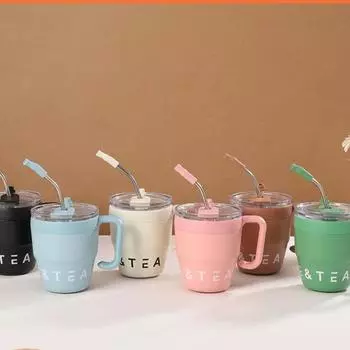 Stainless Steel Thermos Coffee Mug with Handle Portable Office Home Breakfast Milk Water Tea Cup with Lids and Straw Drinkware 480ml белый